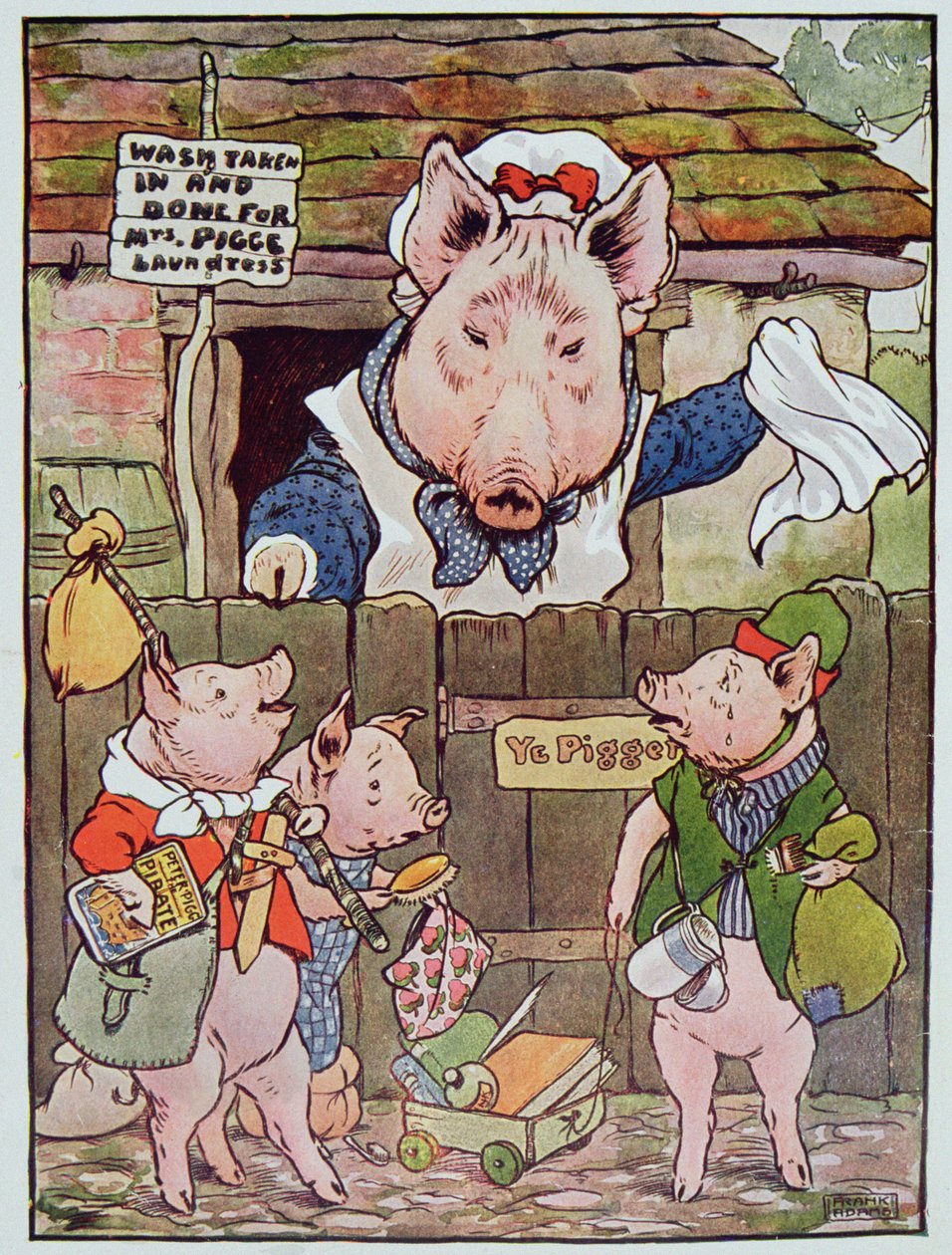 `` لقد أخرجتهم من نمط المنزل ليجدوا معيشتهم '' ، رسم توضيحي من `` The Three Little Pigs '' المنشور في ثلاثينيات القرن الماضي (لون ليثو) بواسطة فرانك ادامز