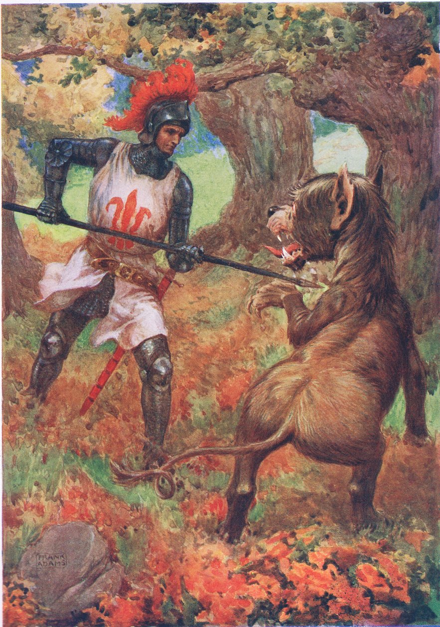 'السير كاليدور والوحش الصارخ' من 'The Faery Queen' بقلم إدموند سبنسر موضَّح في 'قصص أطفال من الشعراء' بقلم MDBelgrave و H.Hart (لون ليثو) بواسطة فرانك ادامز