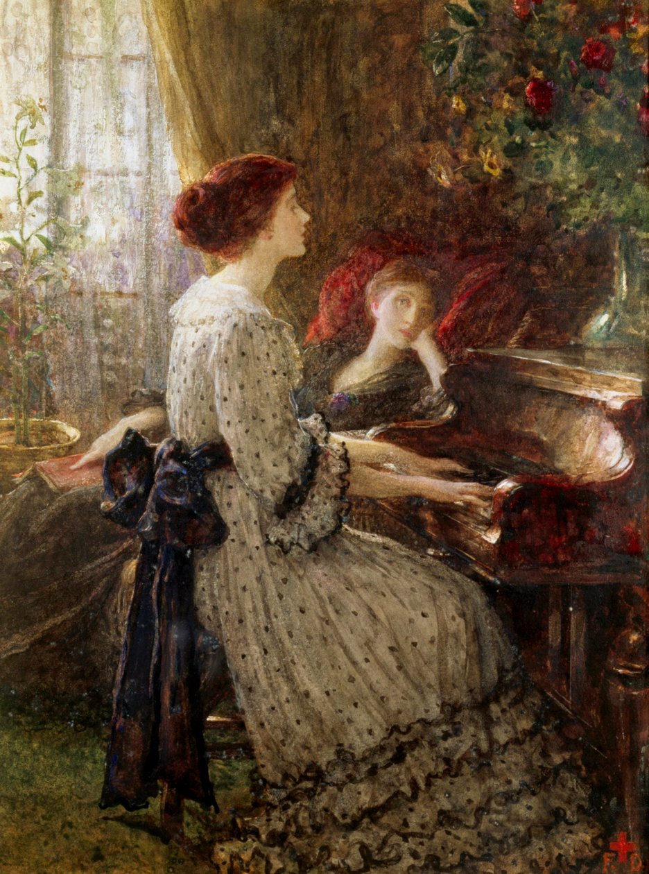 "أغانٍ قديمة" امرأتان في ديكور داخلي من الطبقة الفيكتورية الوسطى، إحداهما تعزف على البيانو بينما تستمع الأخرى بشوق من على كرسي بذراعين. لوحة لفرانك ديكسي (1853-1928) مجموعة خاصة بواسطة فرانك ديكسي