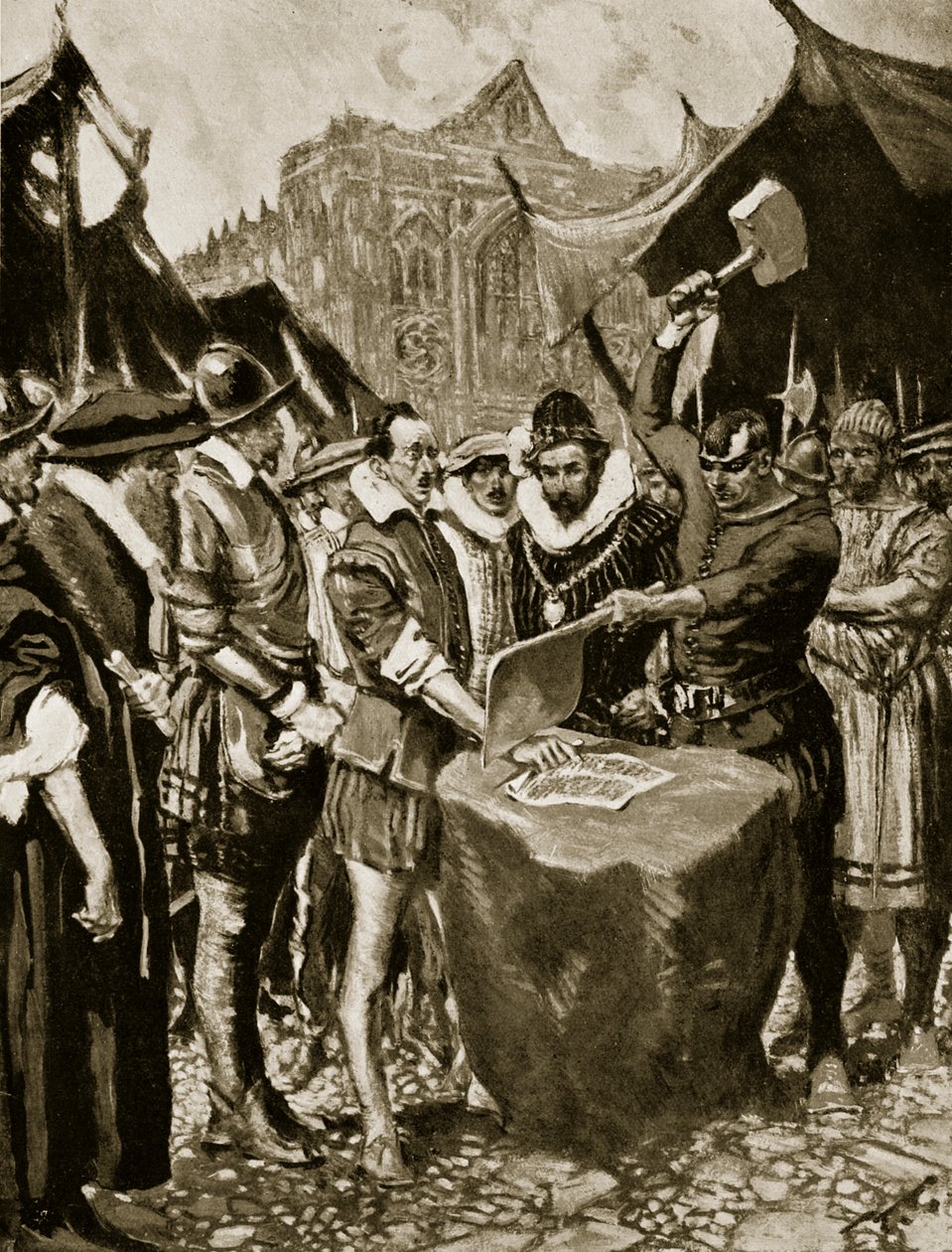 ستوبس مقطوعة يده ، 1521 ، توضيح من "قصة هتشنسون للأمة البريطانية" ، c.1923 بواسطة فرانك جيليت