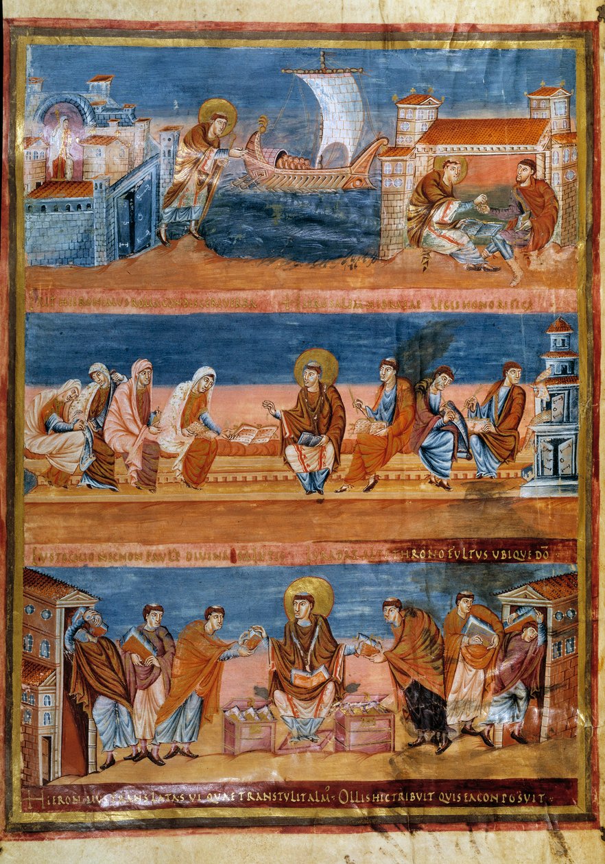 القديس جيروم يغادر روما ويدفع رواتب معلمه في القدس (في الأعلى) ويعمل مع كتبةه (في الوسط) ويوزع الفولغات (أسفل). صورة مصغرة في "" الكتاب المقدس الأول لتشارلز الأصلع ، المعروف أيضًا باسم إنجيل فيفيان "" (الورقة 3v) ، 845-846. BN ، باري بواسطة مدرسة الفرنجة