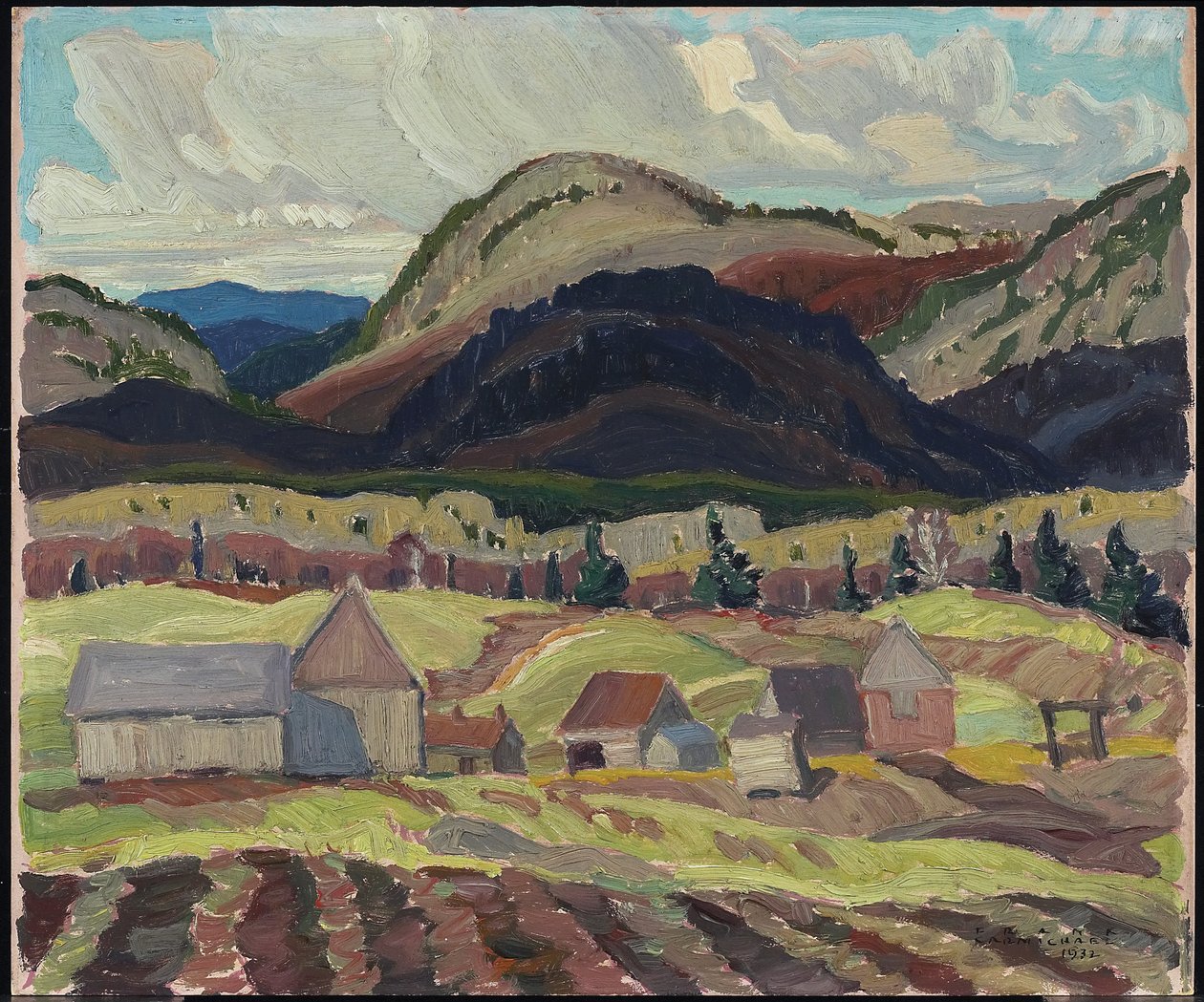 مباني المزرعة ، لا كلوش ، 1932 (زيت على ورق مقوى مغلف) بواسطة فرانكلين كارمايكل
