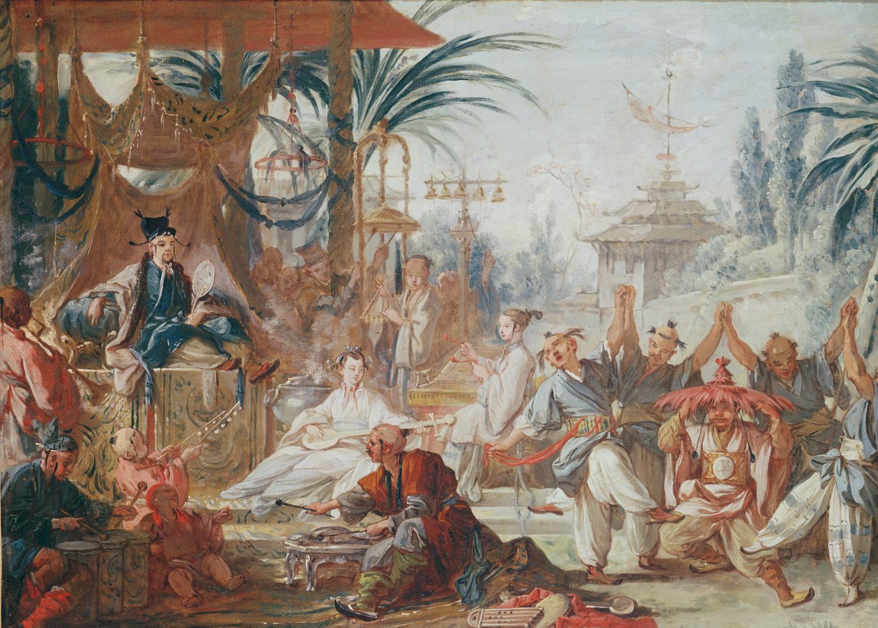 Chinoiseries: الرقص الصيني (دراسة تحضيرية للنسيج) ، ج .1742 بواسطة فرانسوا باوتشر