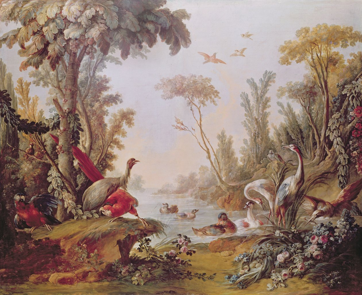 بحيرة مع الأوز والقالق والببغاوات ومالك الحزين ، من صالون جيل ديمارتو (1722-1776) c.1750-65 بواسطة فرانسوا باوتشر