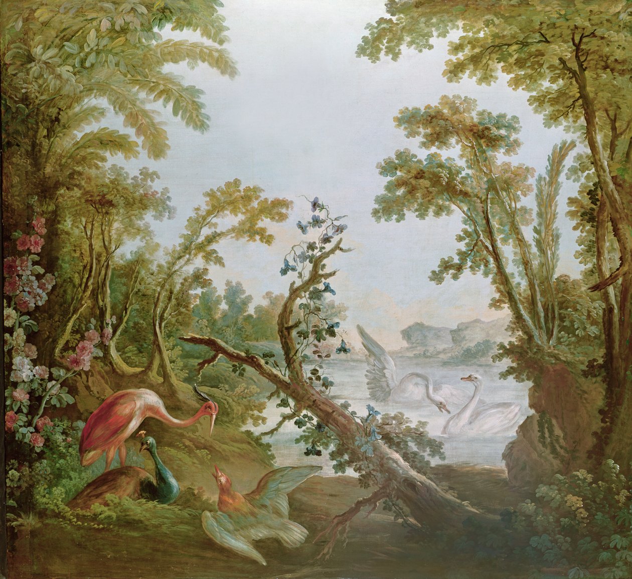 بحيرة بها طيور البجع وطيور فلامنغو وطيور مختلفة ، من صالون جيل ديمارتو ، c.1750-65 بواسطة فرانسوا باوتشر