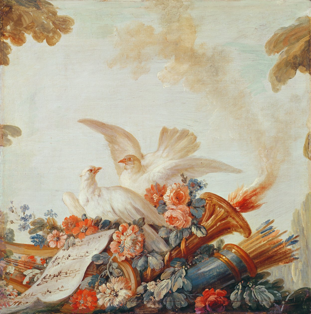 صالون صانع الطباعة جيل ديمارتو ، فوق الباب: الحمائم والموسيقى ورقة ، c.1750-65 بواسطة فرانسوا باوتشر