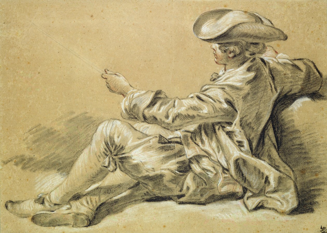صبي صغير بقضيب صيد ، 1755 (طباشير أبيض وأسود مع طباشير أحمر على ورق بني فاتح) بواسطة فرانسوا باوتشر