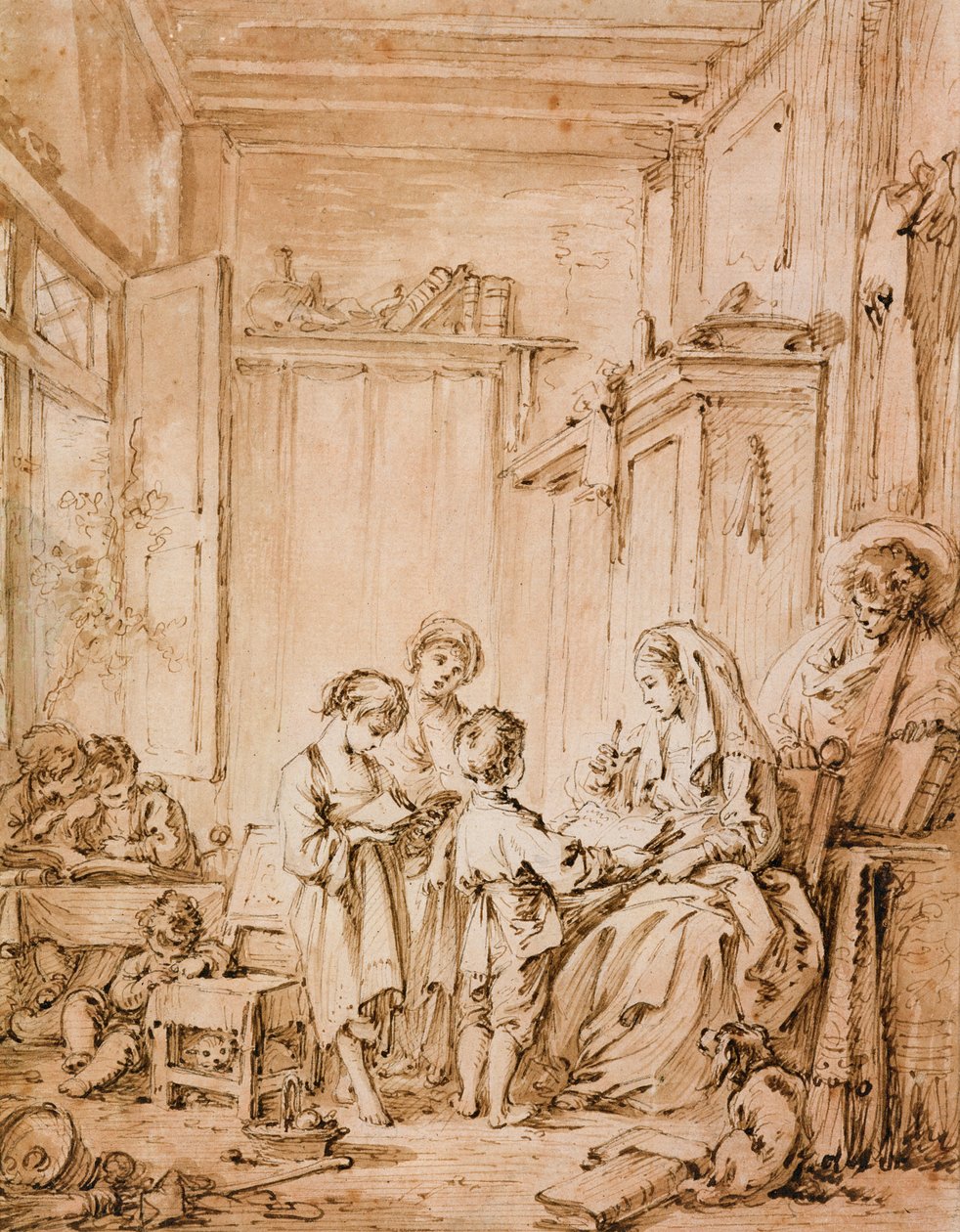 The Schoolroom (حبر وغسل بني على الورق) بواسطة فرانسوا باوتشر