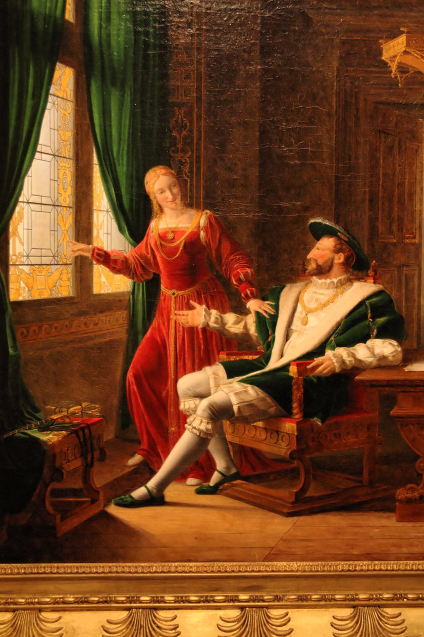 فرانسوا Ier يظهر أخت Marguerite de Navarre ، الآيات التي كتبها للتو على نافذة مع الماس الخاص به بواسطة فرانسوا فلوري ريتشارد