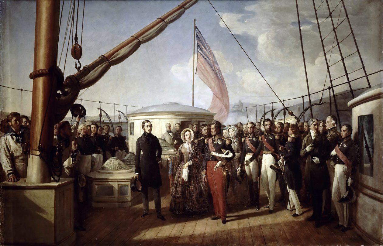 استلمت الملكة فيكتوريا الملك لويس فيليب الأول على متن اليخت الملكي ، 2 سبتمبر 1843 بواسطة فرانسوا أوغست بيارد