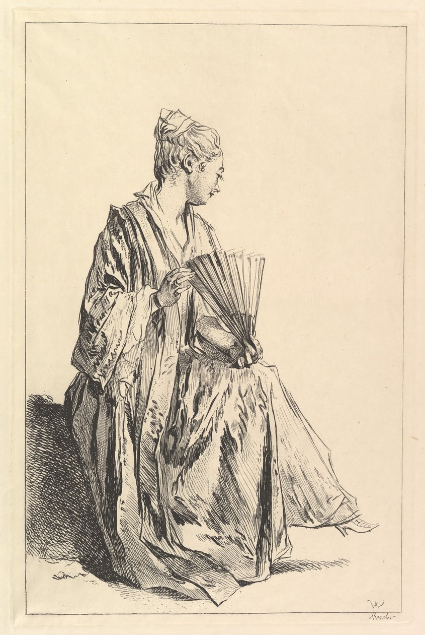 امرأة جالسة ، في صورة جانبية على اليمين ، تلعب المروحة ، 1720-70. بواسطة فرانسوا باوتشر