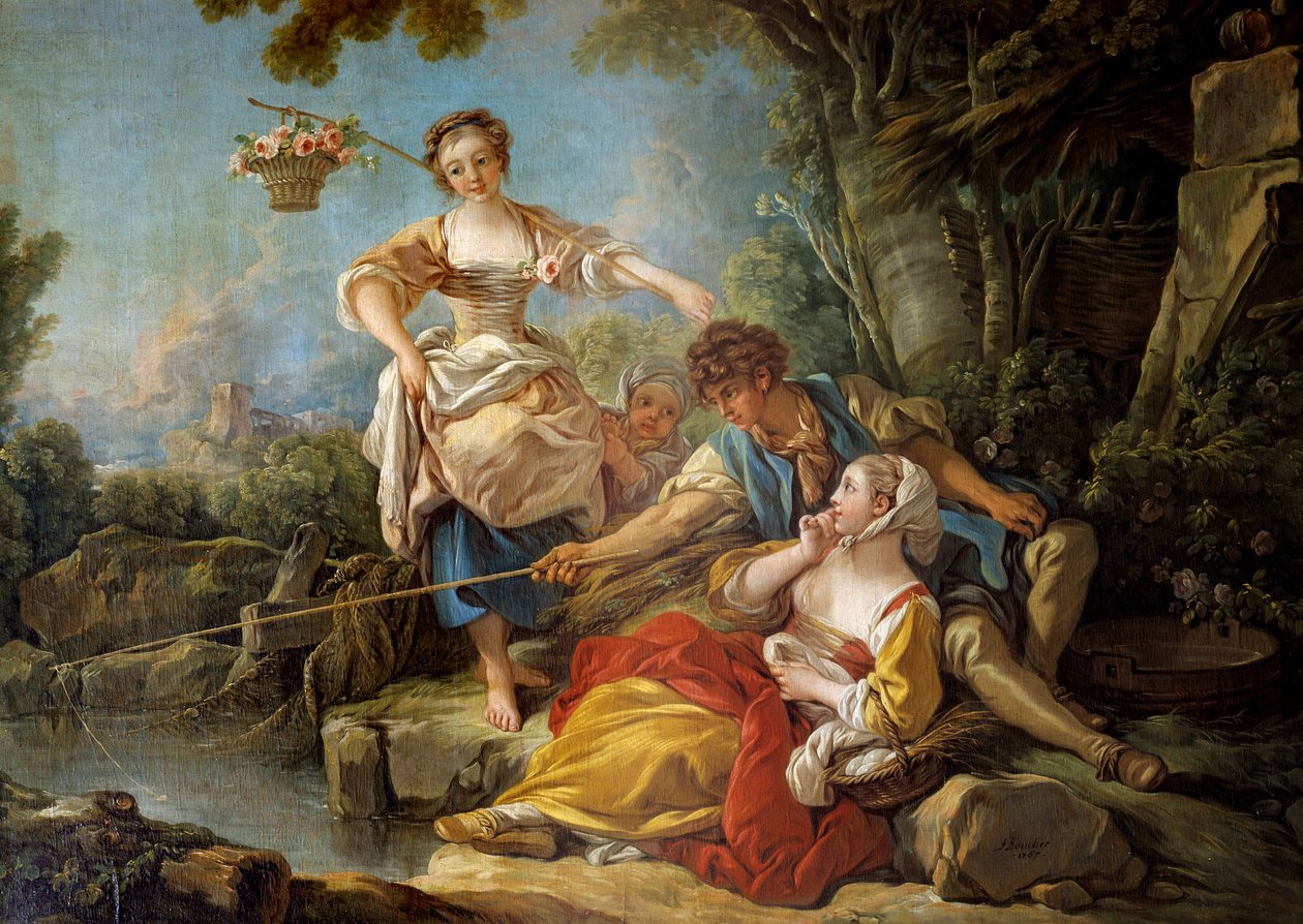 La fishing à la ligne Painting by Francois Boucher (1703-1770) 1767 Sun. 1,5x1,8 m بواسطة فرانسوا باوتشر