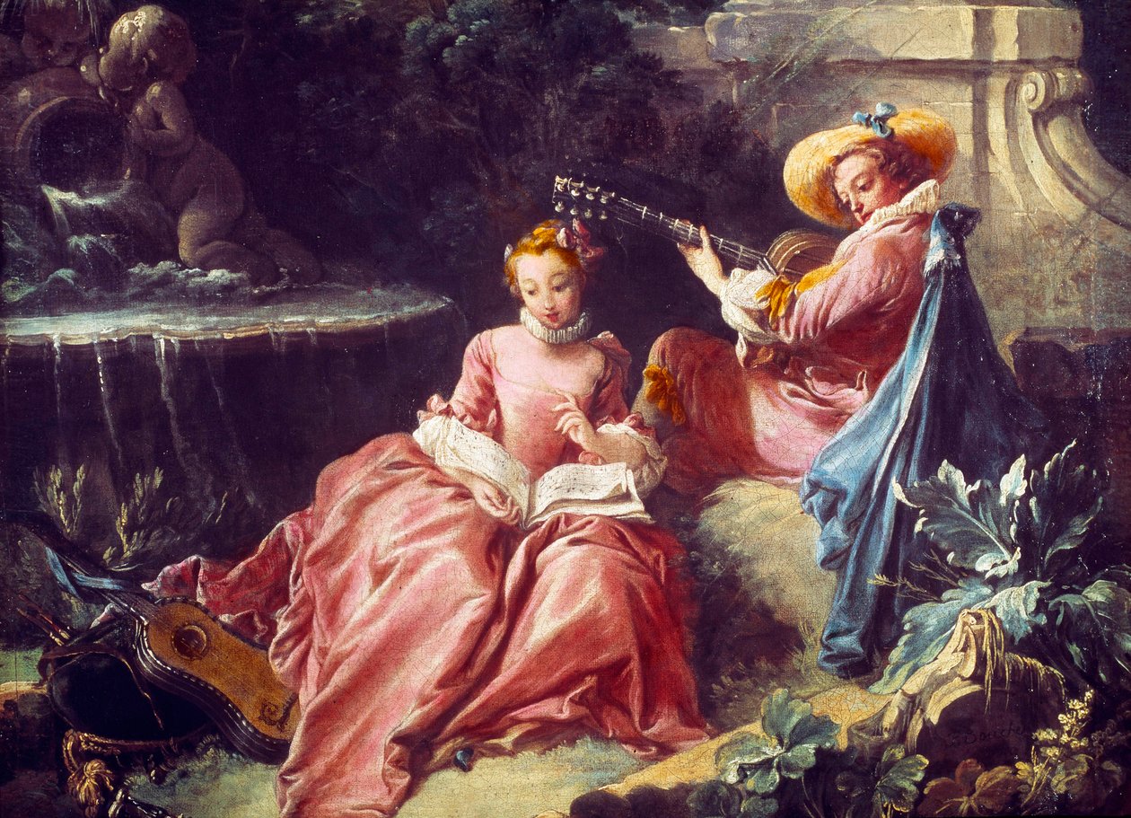 La lecon de musique Painting by Francois Boucher (1703-1770). 18th century. Paris. Musee Cognacq Jay بواسطة فرانسوا باوتشر