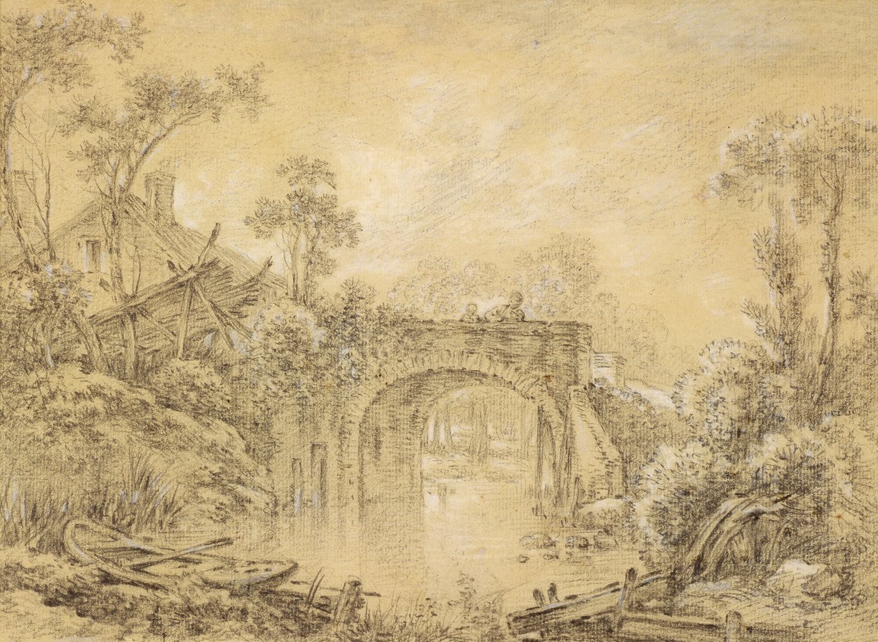 منظر طبيعي مع جسر ريفي ، c.1740 (طباشير أسود مرتفع مع أبيض على ورق مغطى بالقشدة) بواسطة فرانسوا باوتشر