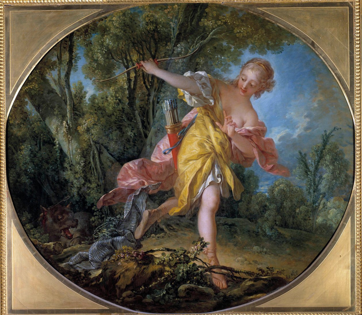 Sylvie fleeing the wolf she hunted Painting by Francois Boucher (1703-1770) 1756. Dim. 1,20 x 1,36 m Tours, Musee des Beaux Arts بواسطة فرانسوا باوتشر