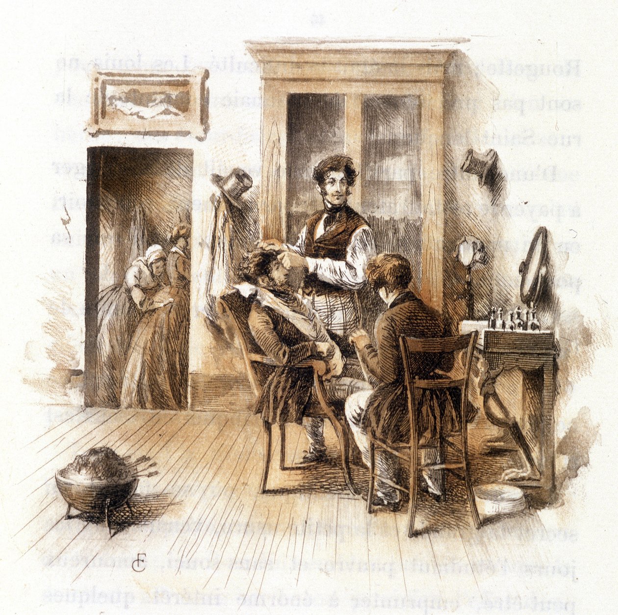 حلاق. رسم توضيحي لـ "" Profile of grisette "" "الجديد الذي ينتمي إلى مجموعة" "Mimi de Pinson" "لألفريد دي موسيت بواسطة فرانسوا كوربوين