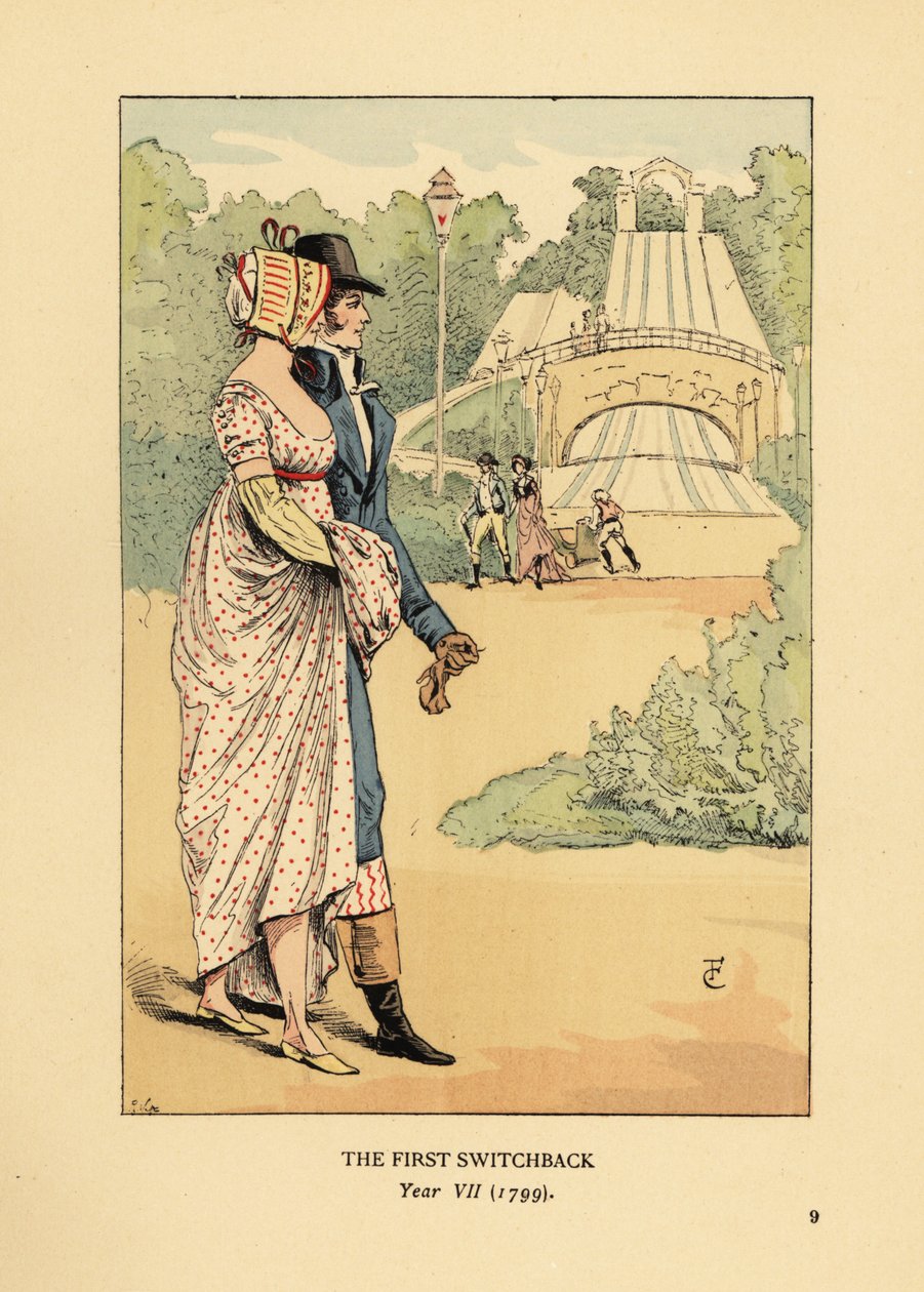 زوجان عصريان في أفعوانية الجبال الروسية ، Les Montagnes Russes a Belleville ، بني في عام 1812. (أول انعكاس ، السنة السابعة بواسطة فرانسوا كوربوين