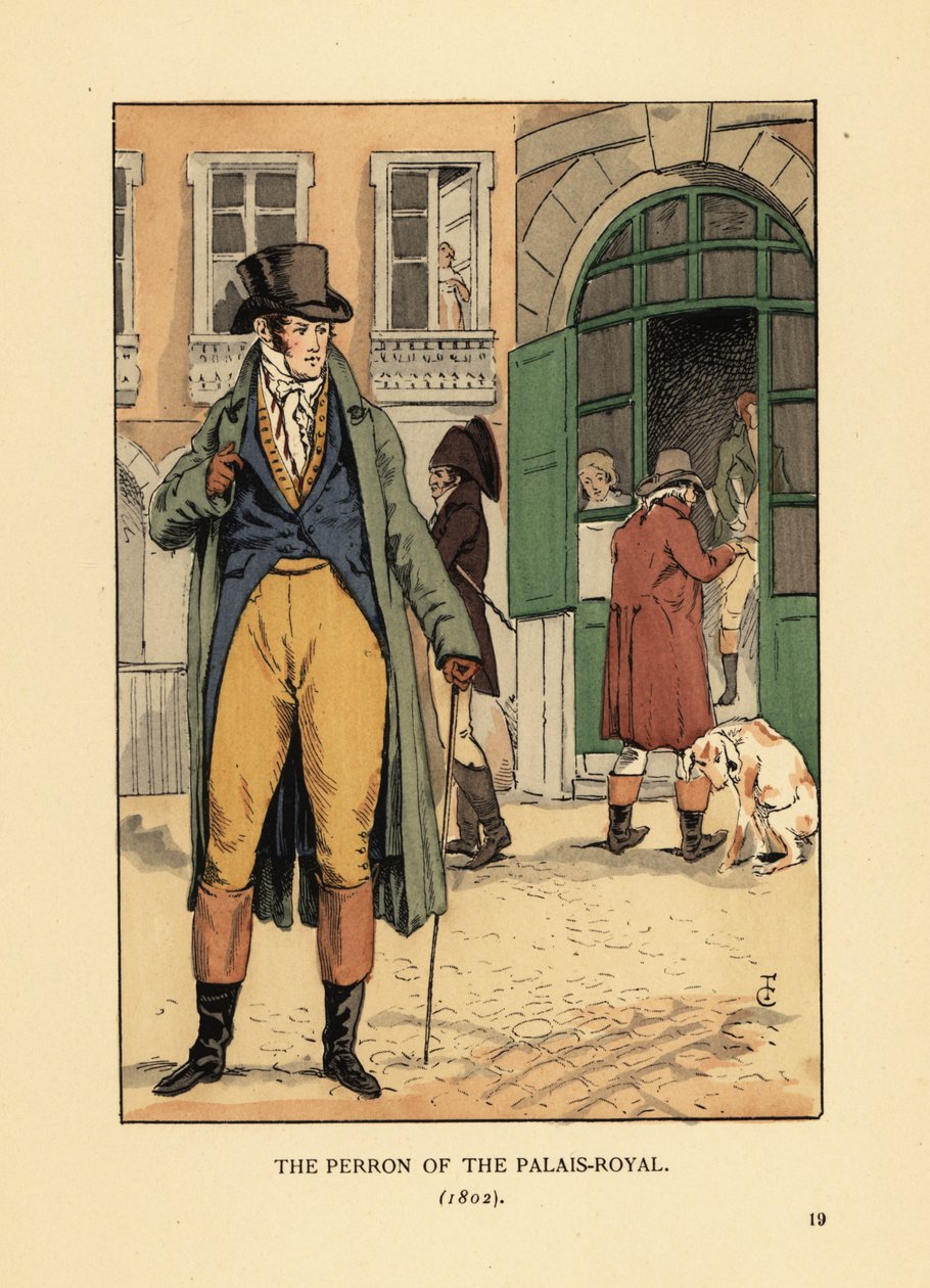رجل أنيق أمام مدخل Passage du Perron ، Palais Royal. يرتدي قبعة ، وربطة عنق ، ومعطف ، وصدرية ، وحذاء. The Perron of the Palais Royal ، باريس بواسطة فرانسوا كوربوين