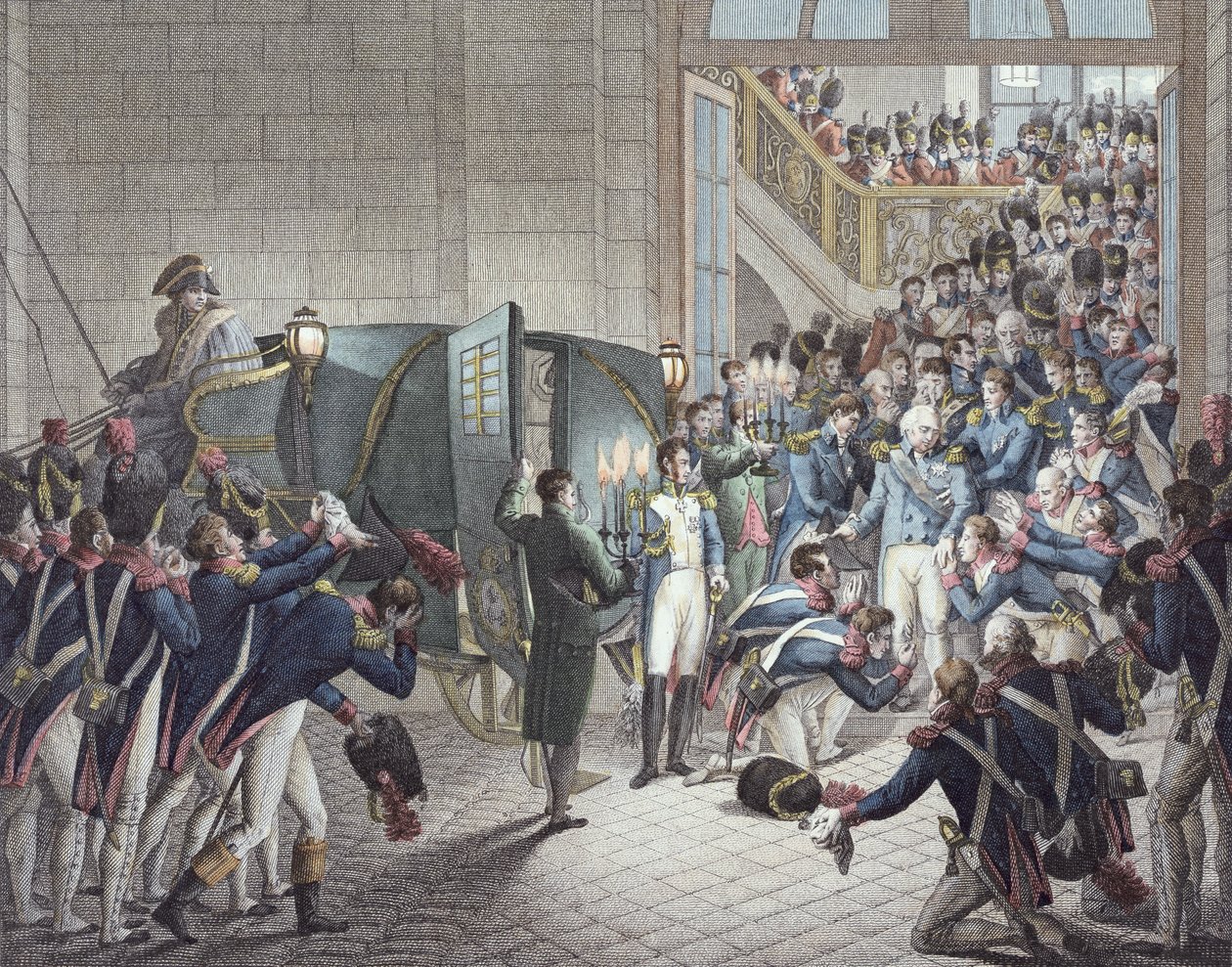 رحيل لويس الثامن عشر (1755-1824) ملك فرنسا ونافار ، من لي تويليري ، 19 مارس 1815 (نقش ملون) بواسطة فرانسوا جوزيف هايم