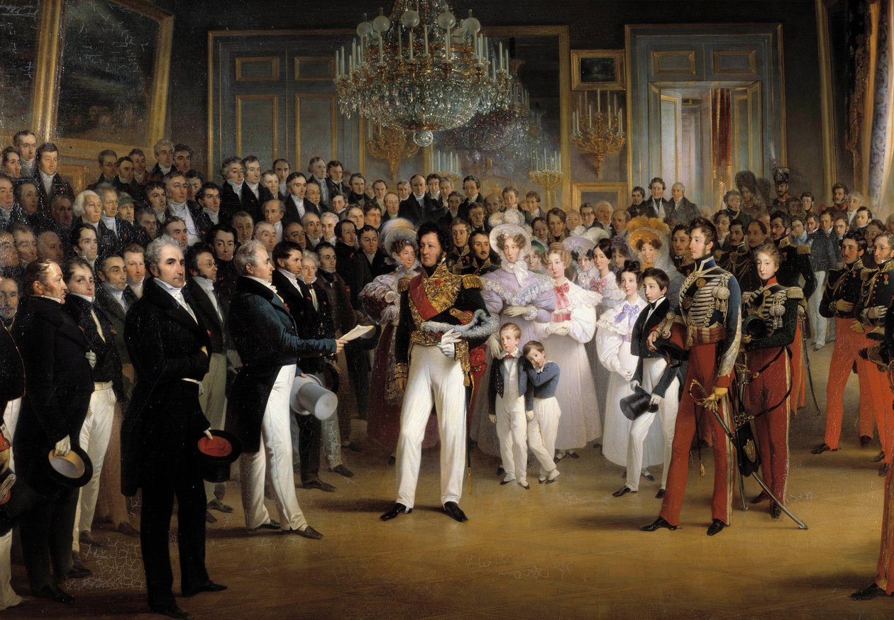 ثورة 1830: "" غرفة المندوبين تقدم لدوق أورليانز ، لويس فيليب الأول (1773-1850) ، الفعل الذي دعاه إلى العرش وميثاق 1830 ، في القصر الملكي ، في 7/08 / 1830 "" التفاصيل. لوحة فرانسوا جوزيف هايم (1787-18 بواسطة فرانسوا جوزيف هايم