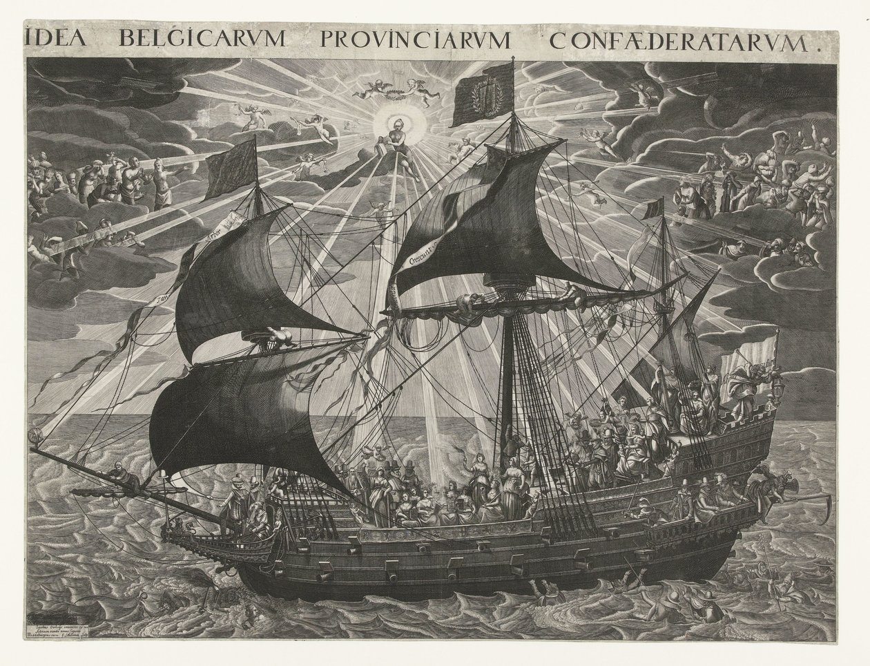 سفينة الدولة 1620 صورة رمزية لحالة البلد السعيدة بعد سينودس دوردريخت Idea Belgicarum Provinciarum Confaederatarum (العنوان على الكائن) بواسطة فرانسوا شيلمانز
