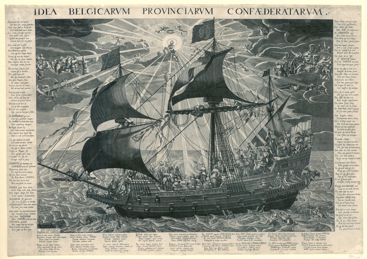 سفينة الدولة 1620 صورة رمزية لحالة البلد السعيدة بعد سينودس دوردريخت Idea Belgicarum Provinciarum Confaederatarum (العنوان على الكائن) بواسطة فرانسوا شيلمانز