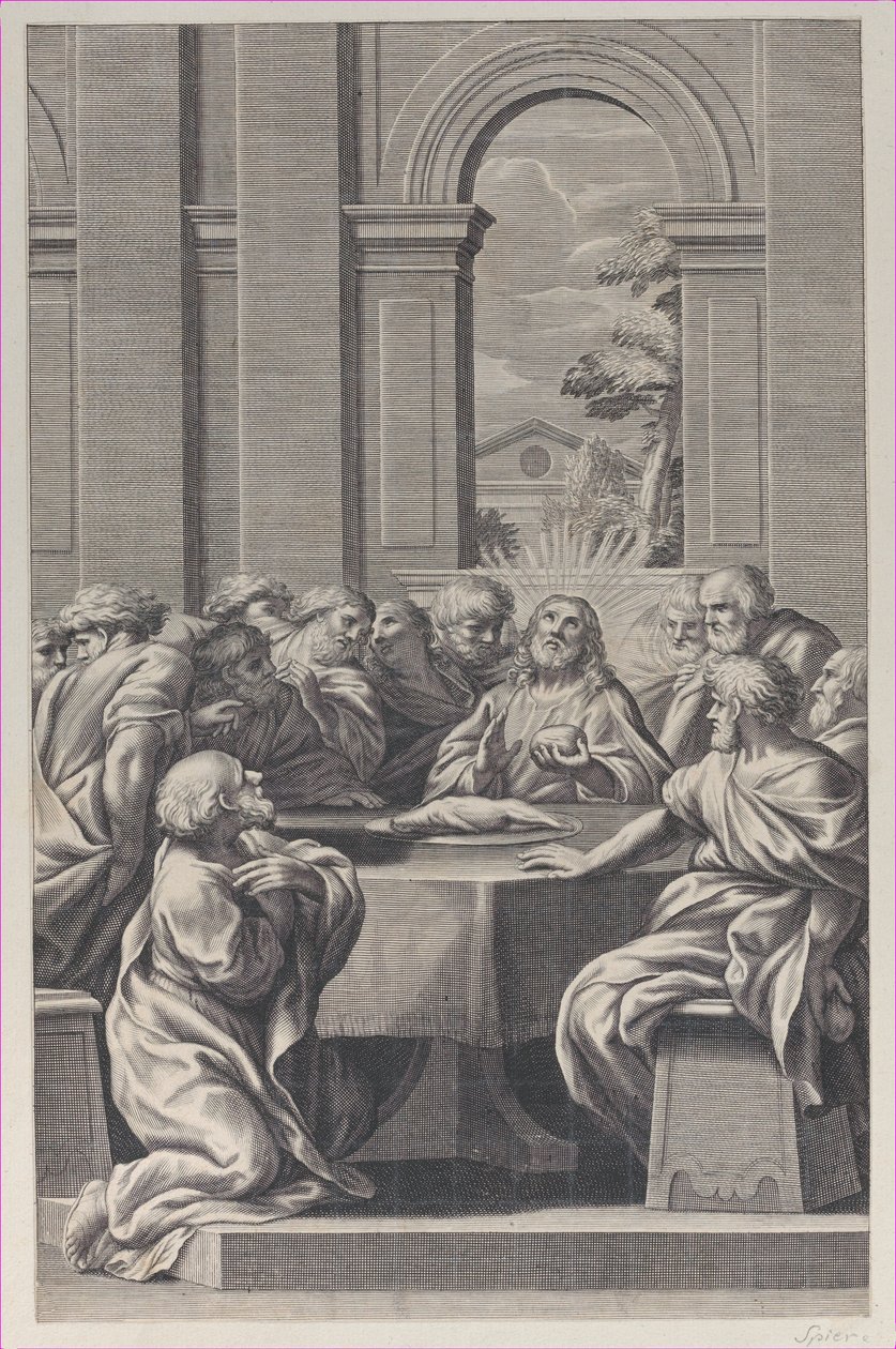 العشاء الأخير ، الجزء الداخلي من مبنى كلاسيكي مع كرسي المسيح ورسله ... ، 1660-1681. بواسطة فرانسوا سبير