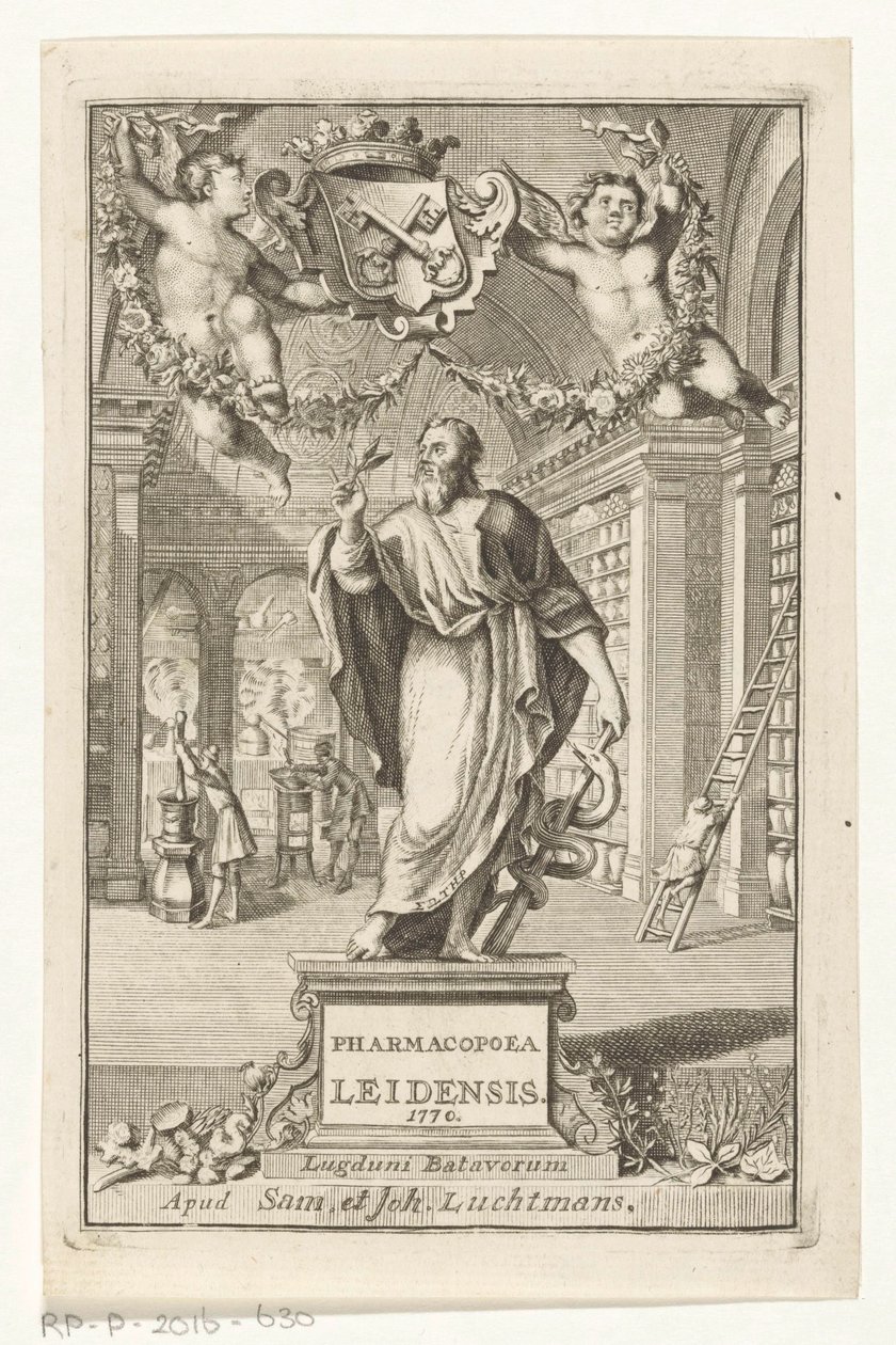 أسكليبيوس Titelpagina voor: S.n. ، دستور الأدوية ليدن ، التي أنشأتها سلطة أكبر القضاة ، 1770 بواسطة فرانسوا فان بليسويجك