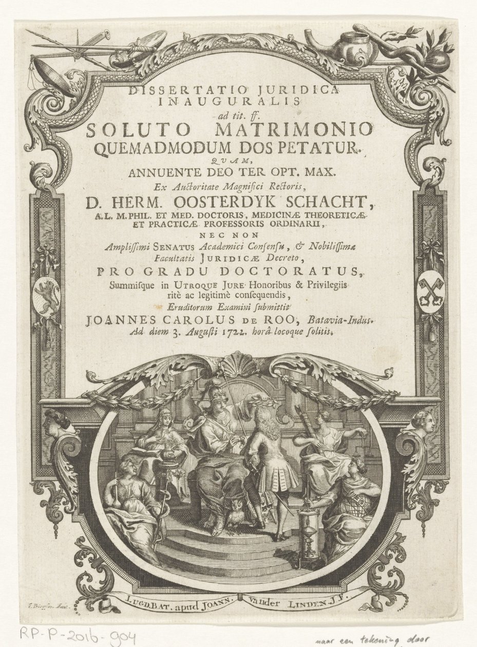 مينيرفا لاويرت شريفر Titelpagina for: Johannes Carolus de Roo، Dissertatio juridica inauguralis، ad tit. وما يليها. بعد فسخ الزواج كيفية طلب المهر 1722 بواسطة فرانسوا فان بليسويجك