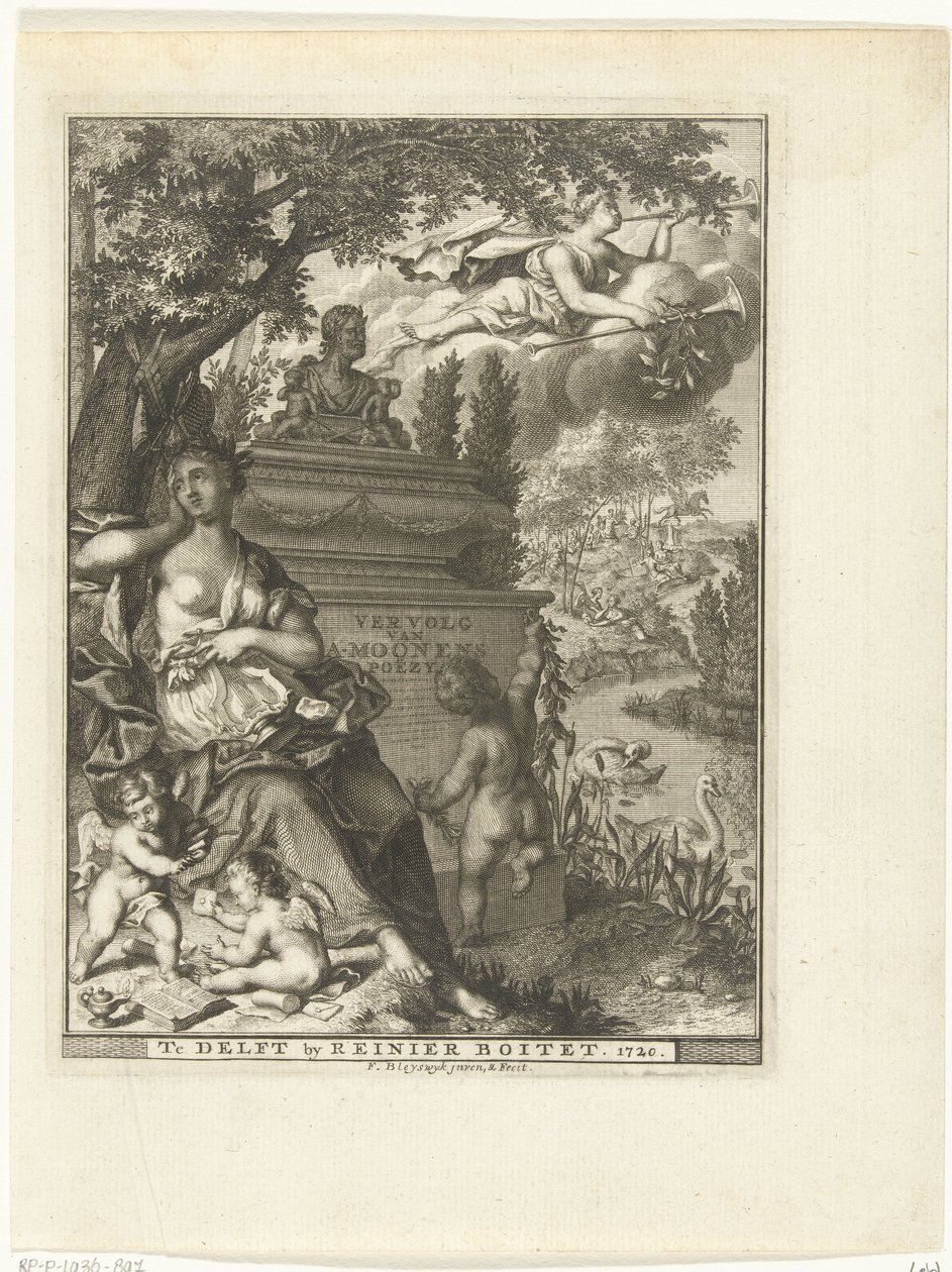 يجلس موسى وبوتي عند قبر الشاعر أرنولد مونين صفحة العنوان لـ: Arnold Moonen ، استمرار Poëzye ، Delft 1720 تتمة لـ A. Moonens Poezy (العنوان على الكائن) بواسطة فرانسوا فان بليسويجك