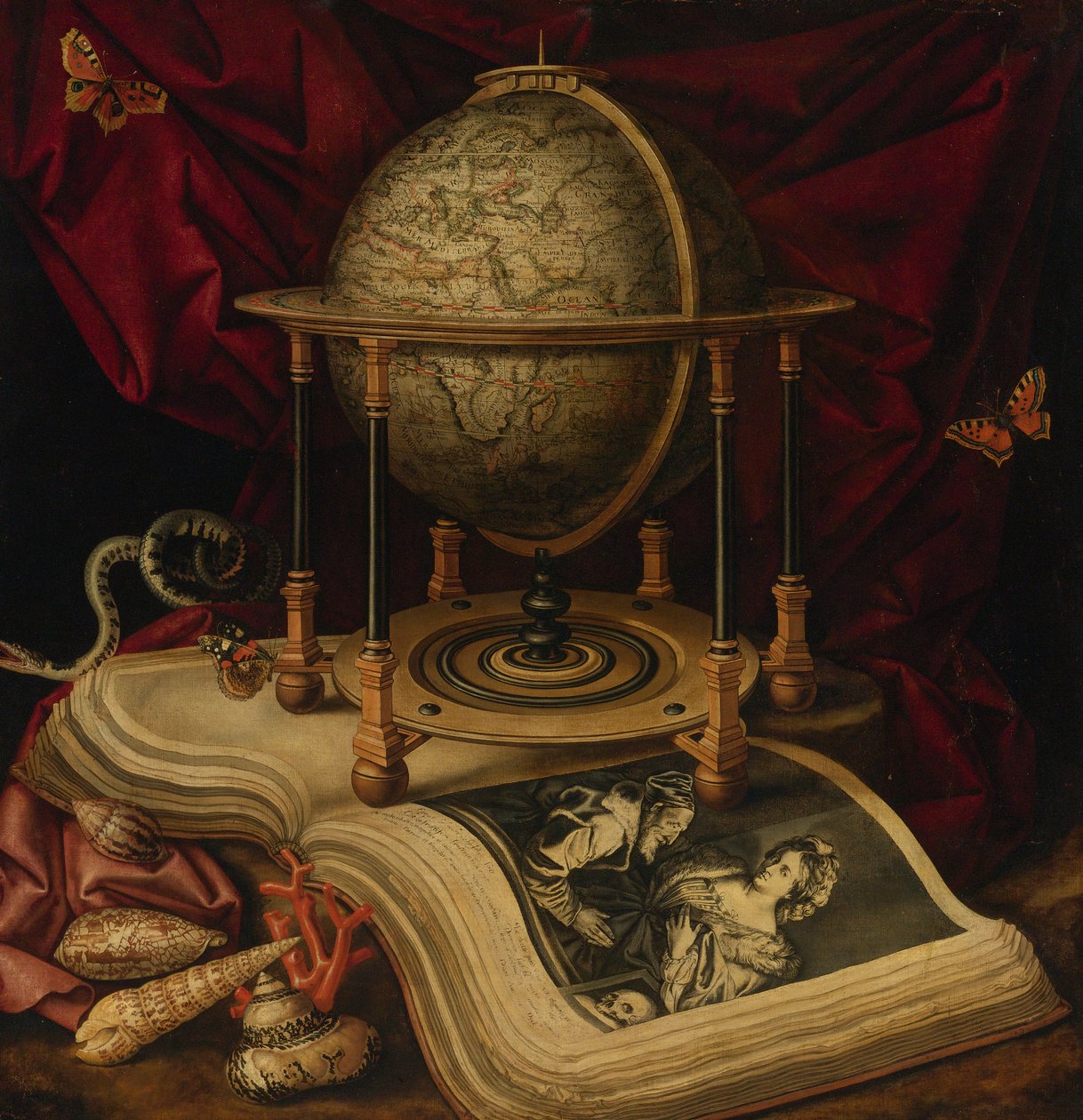 Vanitas لا تزال الحياة مع الكرة السماوية ، كتاب ، قذائف ، ثعبان وفراشات بواسطة فرانس لويك