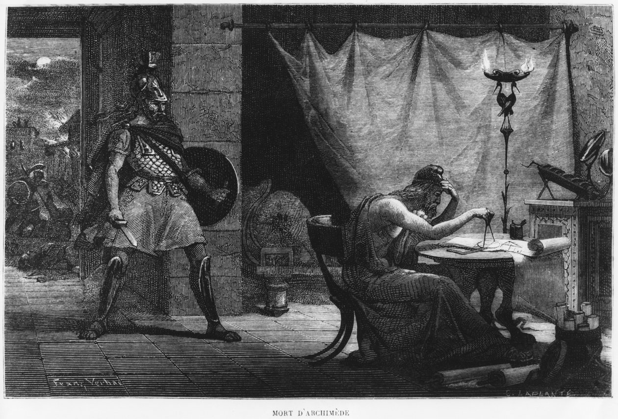 وفاة أرخميدس ، رسم توضيحي من "La Vie des Savants Illustres" بواسطة لويس فيغير ، نقشه تشارلز لابلانت (ت 1903) باريس ، نُشر عام 1872 بواسطة جان فرانس فيرهس