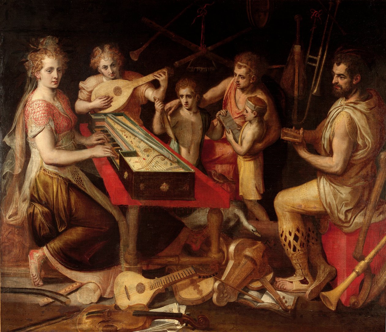 تحتوي شخصيات الموسيقى vetus على المحيط القديم للآلات الموسيقية التي تشكل قصة رمزية. لوحة لفرانس فلوريس (1515-1570) جينات القرن السادس عشر ، مجموعة خاصة بواسطة فرانس فلوريس