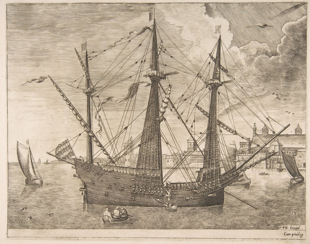 مسلحون من ثلاثة معلمين راسين بالقرب من مدينة من سفن الإبحار ، كاليفورنيا. 1555-56. بواسطة فرانس هويز