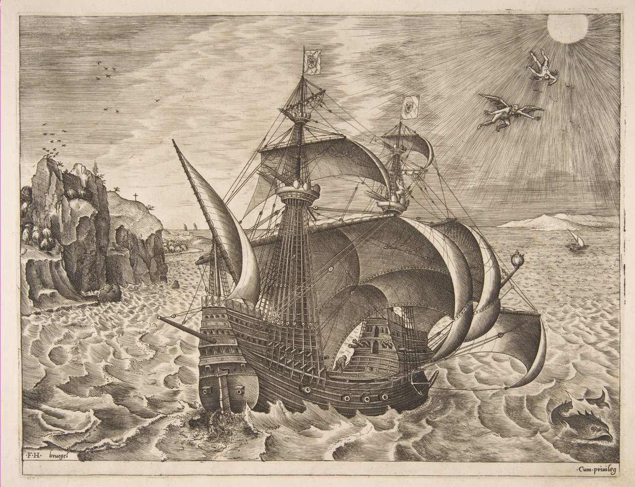 ثلاثة رجال مسلحين مع دايدالوس وإيكاروس في السماء من سفن الإبحار ، 1561-65. بواسطة فرانس هويز