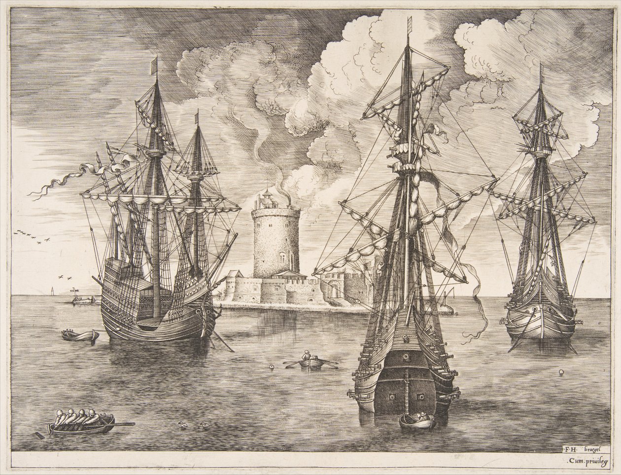 أربعة أساتذة واثنان من ثلاثة أسياد راسية بالقرب من جزيرة محصنة من The Sailing Ves ... ، 1561-65. بواسطة فرانس هويز
