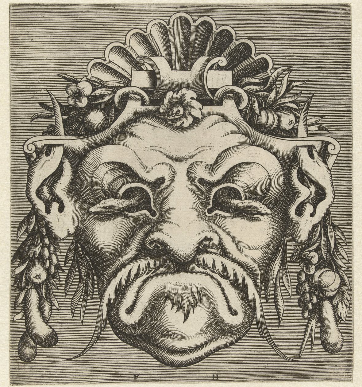 قناع مع اثنين من الثعابين ينظر من تجويف العين Pourtraicture العبقري de plusieurs facons de masques… (عنوان المسلسل) بواسطة فرانس هويز