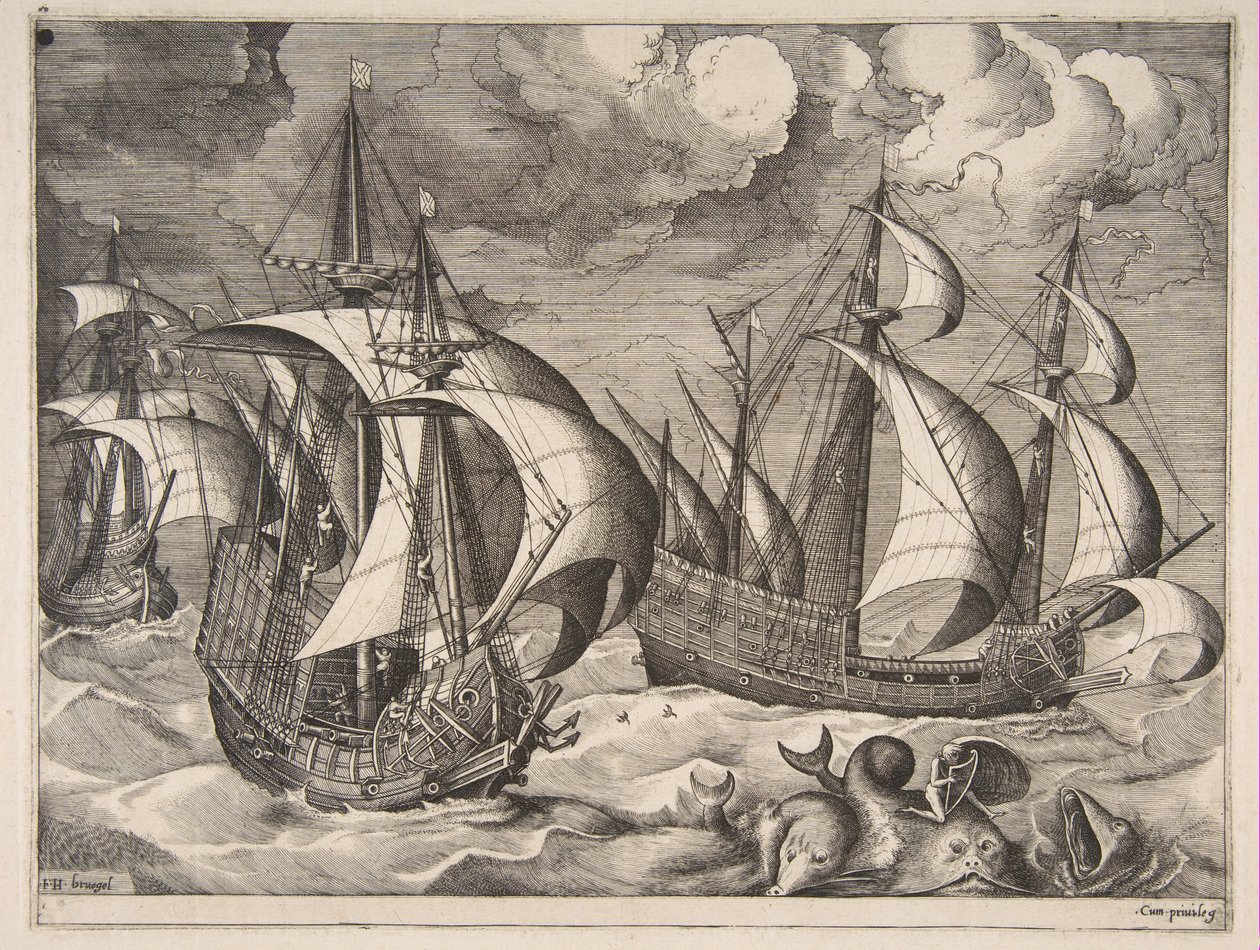 ثلاث كارافيل في صرخة صاعدة مع أريون على دولفين من سفن الإبحار ، 1561-65. بواسطة فرانس هويز