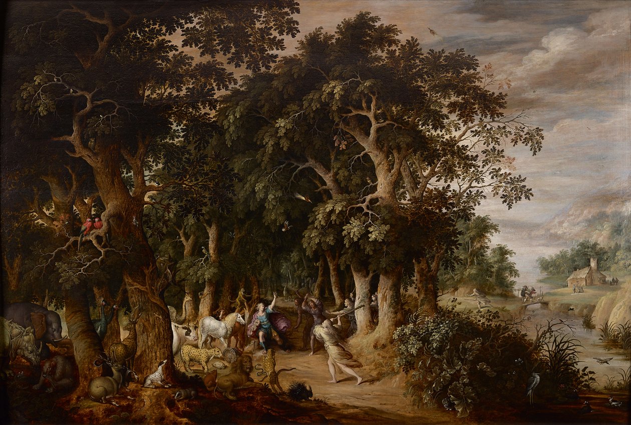 فسيفساء في منظر طبيعي كثيف الأشجار به العديد من الحيوانات و Orpheus هاجمت من قبل النساء التراقيين (زيت على لوح) بواسطة فرانز فرانكن