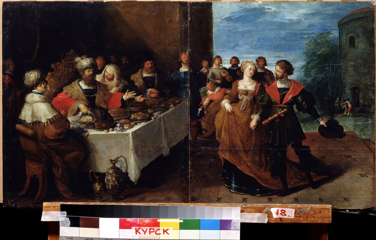 "عيد الفصح" (عيد هيرودس) العيد الذي أقيم في منزل الملك هيرود أنتيباس (14 قبل الميلاد - 40 بعد الميلاد) طلبت فيه سالومي إحضار رأس القديس يوحنا المعمدان على طبق. في الجزء السفلي من اللوحة يمثل إعدام القديس. رسم بواسطة فرانز فرانكن