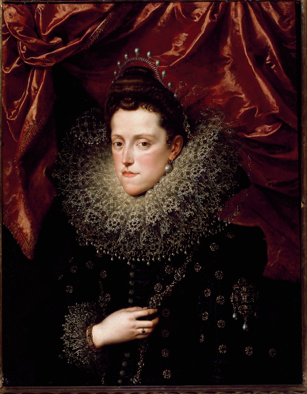 صورة إليونور دي ميديسي (إليونورا دي ميديسي) (1566-1611) أميرة توسكانا لديها طوق فراولة. لوحة لفرانس بوربوس لو جون (فرانسوا (فرانز) بوربوس بواسطة فرانس بوربوس