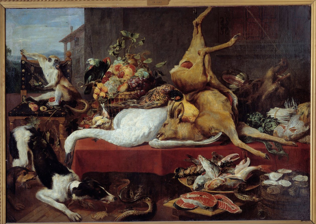 Still life with deer Game (pheasant, goose, deer), slice of fish, crab, legumes. painting by Frans Snyders (1579-1657) بواسطة فرانس سنايدر
