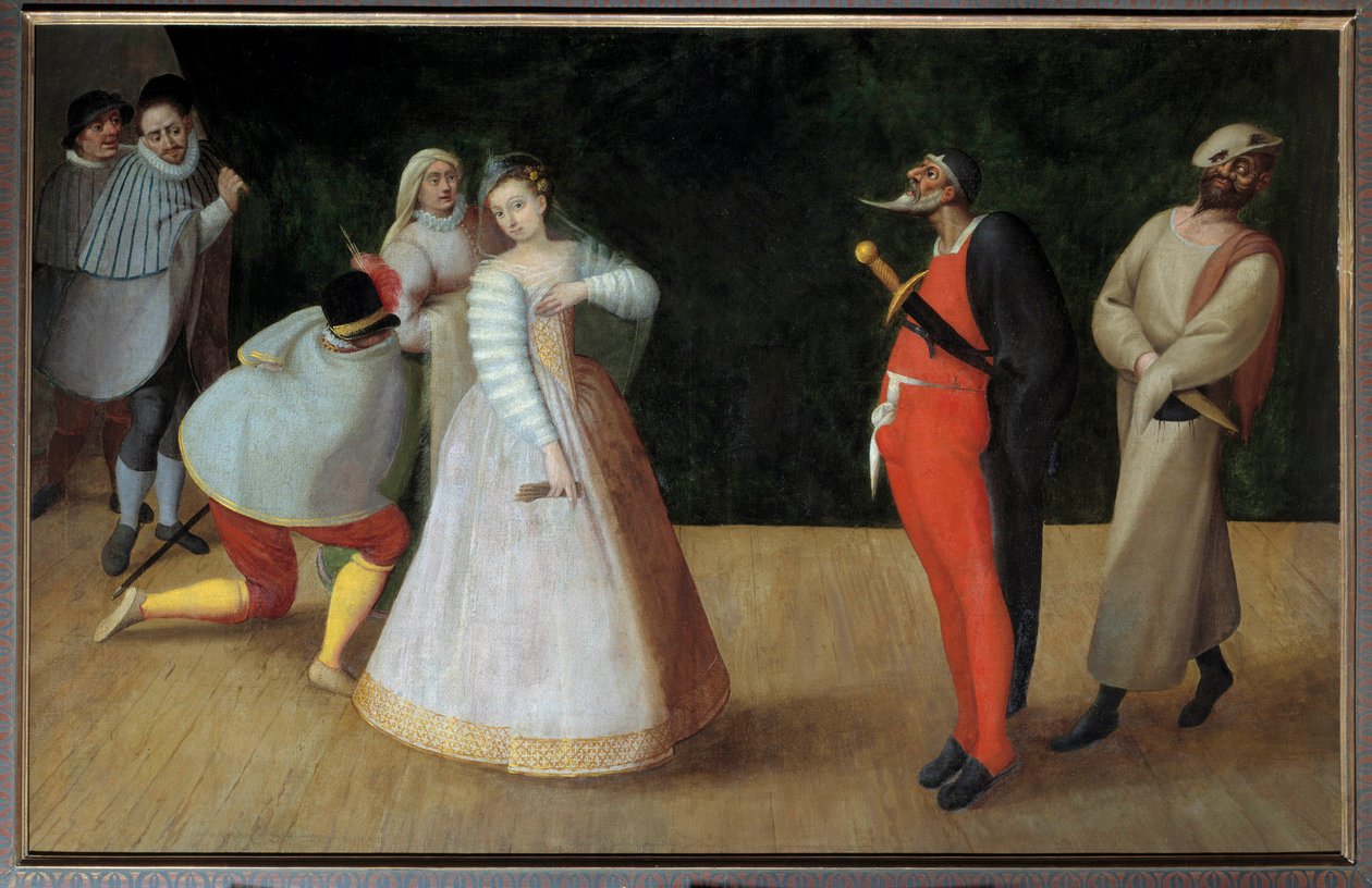 Commedia dell'arte: "" الفنانة الكوميدية إيزابيل أندرييني (1564-1602) مع جيلوسي في باريس "لوحة لفرانس فرانكن الأول ذا فو (1542-1616) القرن السادس عشر. باريس ، متحف كارنافالي بواسطة فرانس الأكبر فرانكن