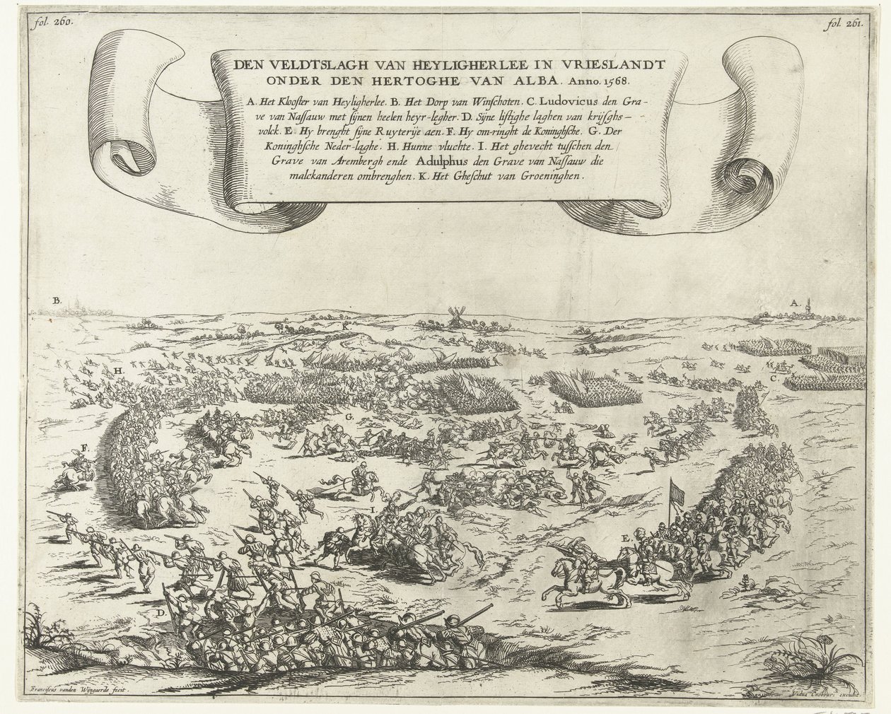 معركة هيليجيرلي 1568 Veldtslagh van Heyligherlee في فريزلاند تحت حكم دوق ألبا. Anno 1568 (العنوان على الكائن) بواسطة فرانس فان دن ويجنجيردي