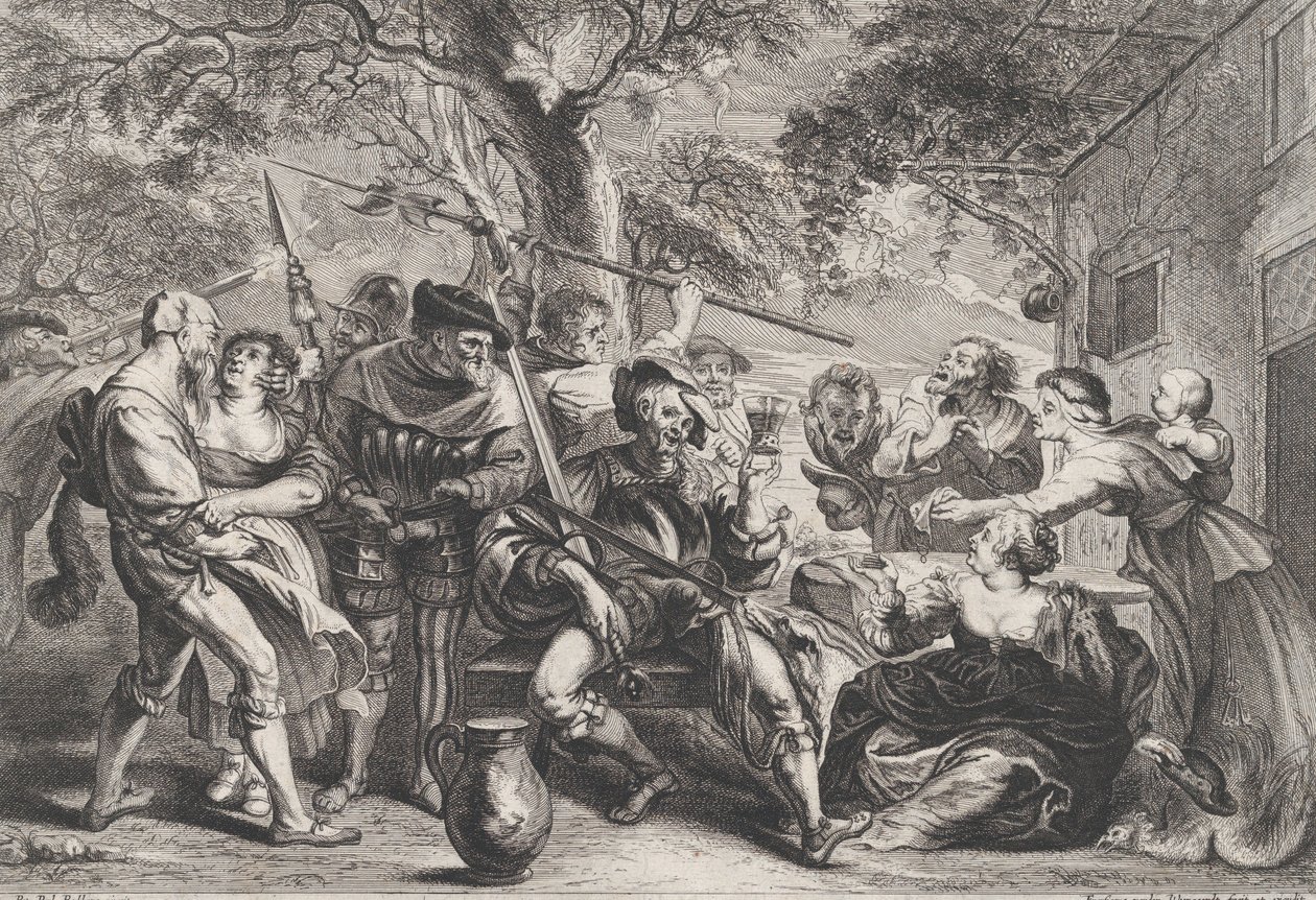 دون كيشوت وقوات لا سانتا هيرمانداد خارج حانة ، كاليفورنيا. 1635-1679. بواسطة فرانس فان دن وينجايردي
