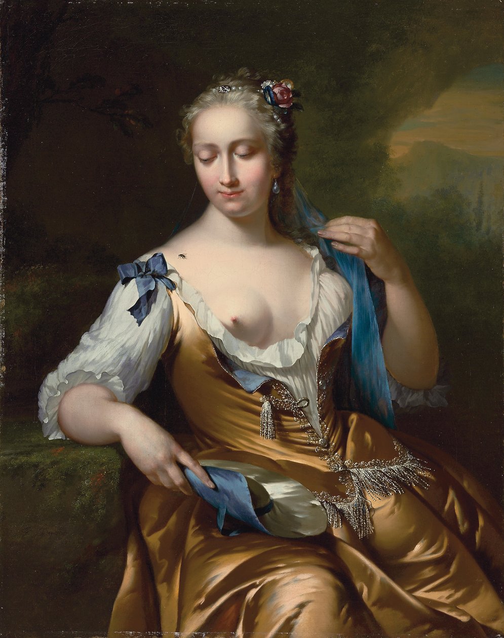 سيدة في منظر طبيعي مع ذبابة على كتفها: رمزية اللمس ، 1742 بواسطة Frans van der Mijn