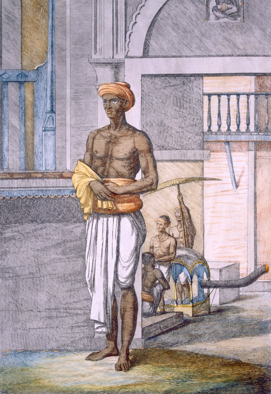البنغالية تخدم كحمال مع تاكسي palanquin في الخلفية ، من "الهندوس ، أو وصف أخلاقهم ، وأزيائهم واحتفالاتهم" ، c808-12 (النقش الملون) بواسطة فرانز بالتازار سولفينز