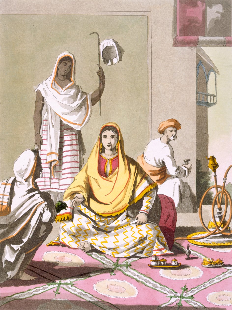 امرأة هندية في نهايتها ، مع الضيوف والخادمات ، من "زي دي ..." بقلم جوليو فيراريو ، 1820s-30s (نقش الألوان) بواسطة فرانز بالتازار سولفينز