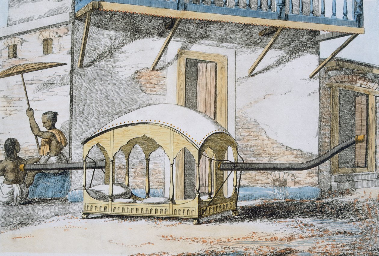 Majanah ، أو palanquin مستلق مغطى ، من "آداب وعادات وفسات الهندوس" ، 1799 (النقش الملون) بواسطة فرانز بالتازار سولفينز
