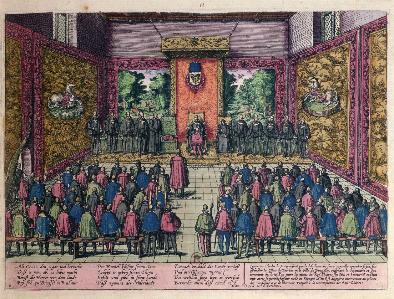 يعلن الإمبراطور تشارلز الخامس (1500-58) تنازل سلطته على البلدان المنخفضة لابنه ووريثه فيليب الثاني (1527-98) أمام المحكمة في بروكسل في 25 أكتوبر 1555 (المهندس الملون بواسطة فرانز هوجينبرغ
